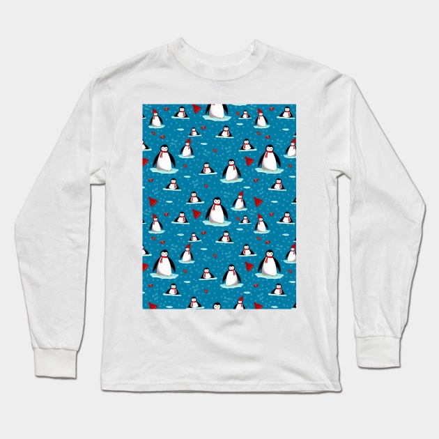 it's cold outside penguins seamless pattern blue Long Sleeve T-Shirt by Arch4Design